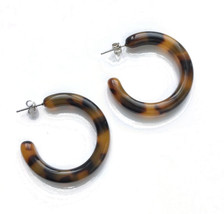 Tortoise Shell Hoop Earrings Brown Resin Jewelry 1 3/8 in Stainless Posts Backs - $12.86