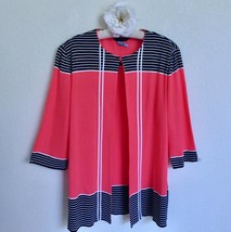 Ming Wang Neon Flame Pink Knit Open Jacket XL Black White Contrast Stripe - $59.99
