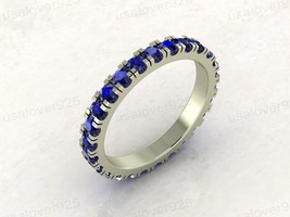Blue Sapphire Round  Gemstone 925 Silver Full Eternity Women Band Ring Jewelry - £48.24 GBP