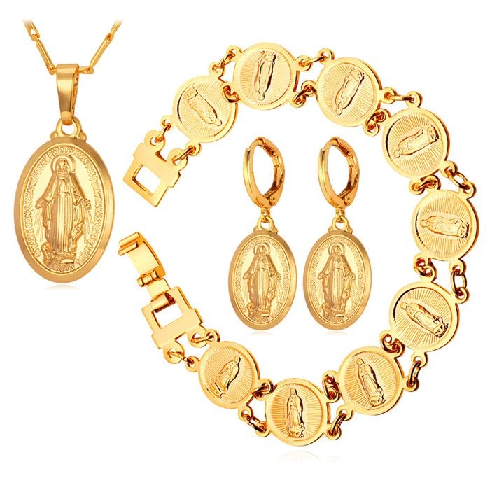 U7 New Virgin Mary Earrings Bracelet Necklace Set Wholesale Trendy Gold Color  C - $24.76