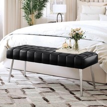 Mid-Century Modern End of Bed Bench with Black PU Leather Seat and Tapered Legs - $3,412.91 MXN