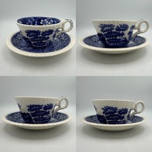 4 Spode Blue Tower Tea Cup &amp; Saucer Set C.1814 England Blue &amp; White Gadroon Edge - £30.85 GBP