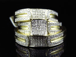 Simulated Diamond Engagement Bridal Wedding Trio Ring Set 14K Yellow Gold Finish - £88.23 GBP