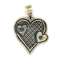 Vtg Signed Sterling Mexico Handmade Overlay Carved Heart Shape Dangle Pendant - £30.85 GBP