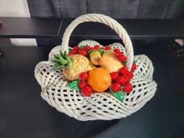 Vintage 1960s Italian Ceramic Fruit Bowl Capodimonte Bassano Style Basket 16&quot; - $124.99