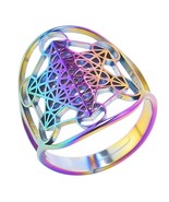 Rainbow Metatrons Cube Ring Stainless Steel Spiritual Sacred Geometry Band - £12.01 GBP