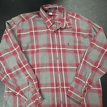 Tommy Hilfiger Shirt Men Large Button Plaid Gray Red Flannel Pre-owned C... - $13.50