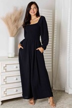 Double Take Black Smocked Square Neck Jumpsuit with Pockets - £38.53 GBP