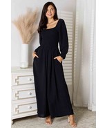 Double Take Black Smocked Square Neck Jumpsuit with Pockets - £39.26 GBP