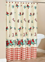Cardinal Garland Shower Curtain Holly Berry Poinsettia Red Bird Winter Holiday - £19.83 GBP