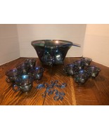 Vtg INDIANA Iridescent Blue Carnival Glass Princess Punch Bowl 12Cups/Ho... - $162.93 CAD