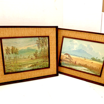 2 Frame Scene Scenery Mountain Home Hut Rice Paddy Tree Grass Mount Fuji Vintage - £37.92 GBP