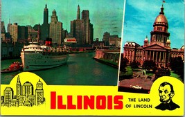 Illinois IL Land of Lincoln State Capitol River Boat Vtg Chrome Postcard - £2.29 GBP