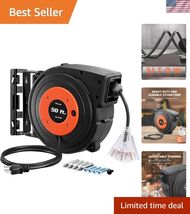 Versatile 50FT Power Cord Reel with Grounded Outlets &amp; Auto Retract Feature - $130.67