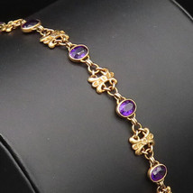 14K GOLD - Vintage Victorian Inlaid Oval Amethyst Floral Chain Bracelet ... - £907.70 GBP
