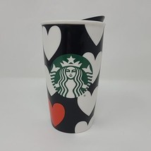 Starbucks Black White Hearts Ceramic Travel Mug w/ Lid 12 oz 2015 Valent... - $19.79
