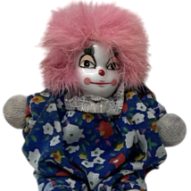 Vintage Porcelain Face Clown Doll 4.5" Sandbag Body Pink Hair Blue Outfit image 3