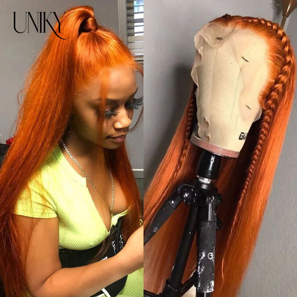 Orange Ginger Lace Front Wig Bone Straight Human Hair Lace Frontal Wig Body Wa - £63.21 GBP+