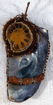 One of a Kind Pendant Mussel Shell Ammonite Glass Beads Copper Wire Wrap - £20.87 GBP
