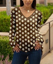 Lily Brown &amp; Yellow Daisy Floral Long Sleeve V-Neck Tunic L/12-14 - £19.25 GBP