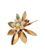Brooch Scarf Pin Flower Leaf Pattern Gold Tone Faux Pearls Costume Jewelry - £9.27 GBP