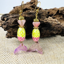 Mermaid Pink Dangle Earrings Fish Czech Glass Bead Gold Tone Scale Seashore - $24.99