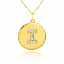 Solid 10k Yellow Gold Letter &quot;I&quot; Initial Diamond Disc Charm Pendant Necklace - £187.36 GBP+