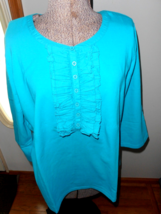 QVC Susan Graver Style Turquoise Ruffled Front 3/4 sleeve Cotton Spandex top  1X - £17.17 GBP