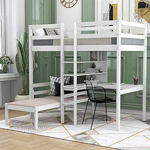 Merax Convertible Loft Bed with L-Shape Desk, Twin Wood Bunk Bed with Sh... - $880.99