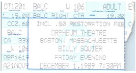 Vintage Billy Squier Ticket Stub December 1 1989 Orpheum Theatre Boston - £19.37 GBP