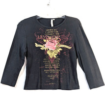 Susan Lawrence Petites Black Rose Rhinestone T-shirt 3/4 Sleeves Women&#39;s PM - £6.05 GBP