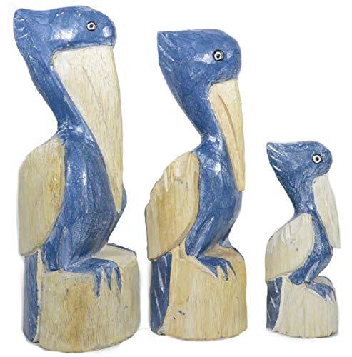 WorldBazzar Set of 3 Hand Carved Nautical Wood Blue Pelican Statue Carving Sculp - $39.54