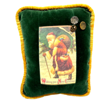 Vintage Handmade Merry Christmas Santa Velvet and Buttons Throw Pillow 9x7&quot; - £16.48 GBP