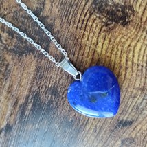 Blue Stone Heart Necklace, Polished Crystal Pendant, 24" chain