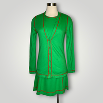 Vtg 1960s Herald House Green 3 Piece Set Skirt Top Cardigan Mini E2 - £34.50 GBP