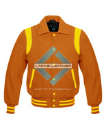 Orange Varsity Full Wool Letterman College Jacket &amp; Real Leather Shoulde... - €69,72 EUR