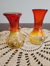 Vintage MCM Orange Amberina Hand Blown Glass Mini Bud Vases Applied Design - £18.68 GBP