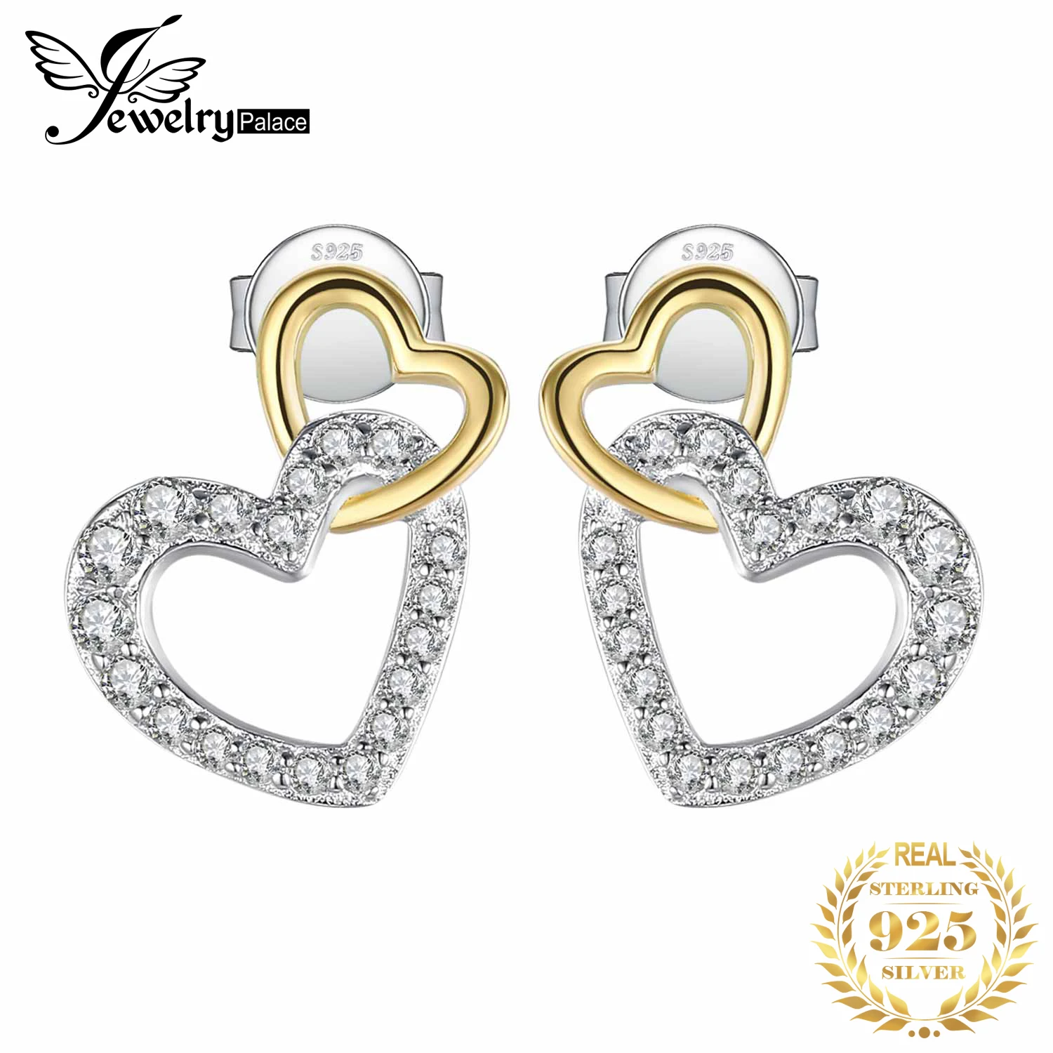 Love Heart Gold 925 Sterling Silver Stud Earrings for Women Fashion Cubic Zircon - £18.40 GBP