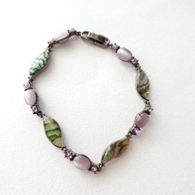 Vintage Lia Sophia Bracelet, Silver Tone with Mother of Pearl and Purple Gems - £15.72 GBP