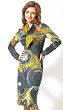 WORK DRESS STRETCH BODYCON PRINTED OLIVE GREEN MADE IN EUROPE S M L XL 2XL - £66.05 GBP