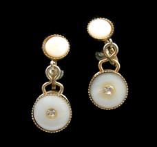 Mother Of Pearl Dangle Earrings Vintage Screw Backs Rhinestones Mop Buttons - $12.99