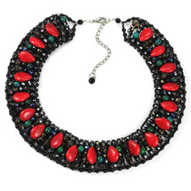 Chic Teardrop Shaped Red Coral with Black Crystal Beads Statement Necklace - £31.74 GBP