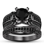 2.00 Ct Black Diamond Halo Bridal Set Womens Engagement Ring 14K Black G... - £82.45 GBP