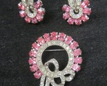 Vintage Kramer Pink Rhinestone Bow Wreath Brooch and Earring Set Silver ... - $48.51