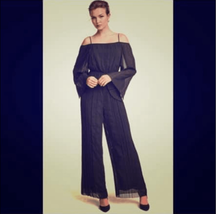 H&amp;M Black Off Shoulder Trumpet Sleeve Wide Straight Leg Jumpsuit Back 4 - $428.54 MXN