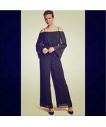 H&amp;M Black Off Shoulder Trumpet Sleeve Wide Straight Leg Jumpsuit Back 4 - $424.59 MXN