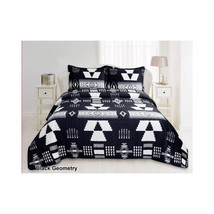 Geometric Pattern Bedding Set   Black &amp; White Quilted Bedspread Velvet Texture - £66.74 GBP+