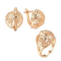 Kinel Hot Trendy Unique Women Earring Ring Sets 585 Rose Gold Hollow Pattern Fas - £17.86 GBP