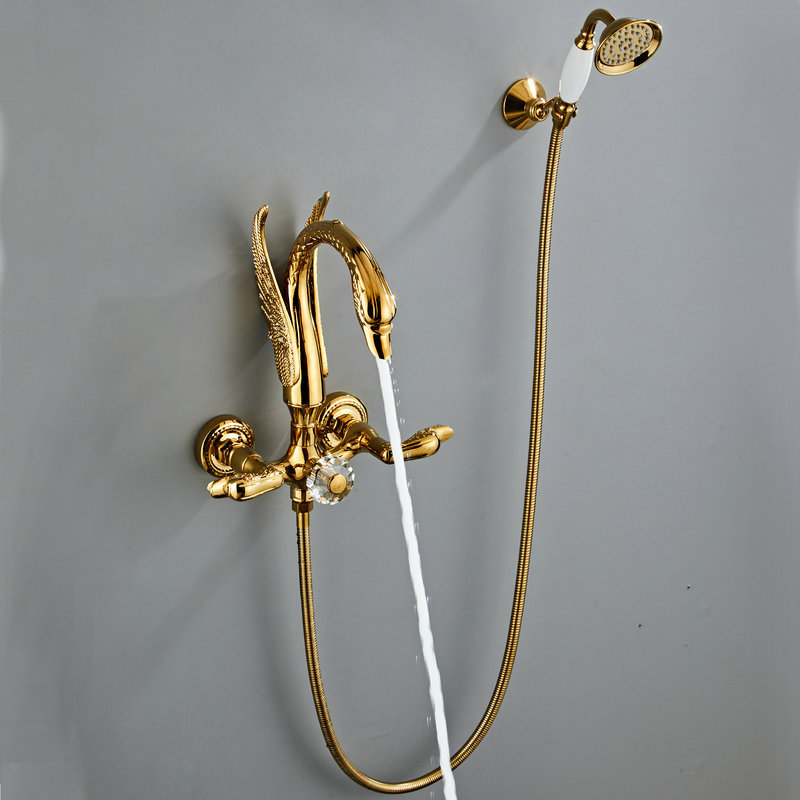 Gold color Swan Wall Mounted Bathtub Faucet with handshower - $299.00