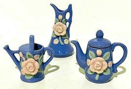 Miniature Porcelain Pitcher Watering Can Teapot Occupied Japan 3D Floral 3 PCs - £11.40 GBP